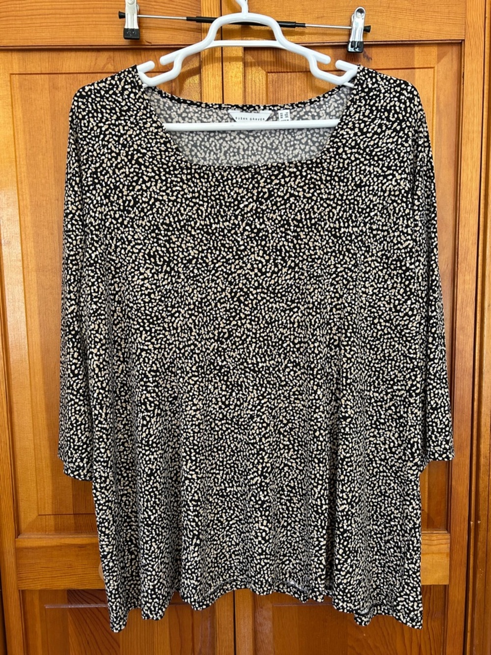 Susan Graver Black and Tan Printed 3/4 Sleeve Square Neck Top 3X New